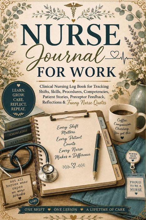 Texte: "NURSE Journal FOR WORK", "Every Shift Matters", "Coffee. Compassion. Charting." Illustration mit Blumen, Tasse, Stethoskop.