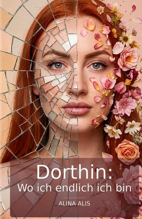 "Dorthin: Wo ich endlich ich bin. ALINA ALIS." Gesicht mit zersplittertem Spiegel und Blumen.