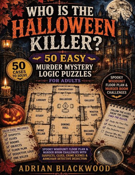 "Who is the Halloween Killer? 50 Easy Murder Mystery Logic Puzzles for Adults. 50 Cases to Solve. Adrian Blackwood."