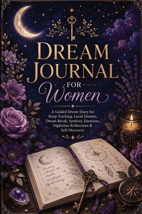 "Dream Journal for Women" und ein Zitat: "Dreams whisper the truths we forget by morning." Illustration mit Mond, Blumen, Buch.