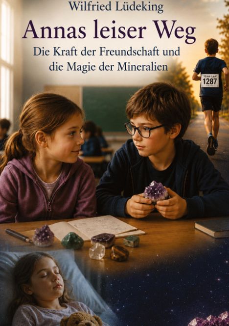 Ein Mädchen und Junge im Klassenzimmer mit Mineralien, ein laufender Junge im Hintergrund. Ein schlafendes Mädchen mit Stofftier.