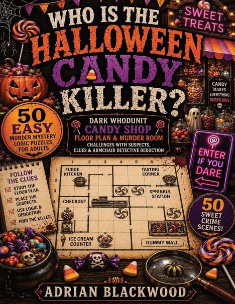Titel: WHO IS THE HALLOWEEN CANDY KILLER? Aufschrift: "50 EASY MURDER MYSTERY LOGIC PUZZLES FOR ADULTS". Floorplan mit Süßigkeiten.