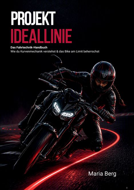 „PROJEKT IDEALLINIE“, „Das Fahrtechnik-Handbuch“. Motorradfahrer in Lederkleidung auf beleuchteter Straße, Fokus auf Dynamik.