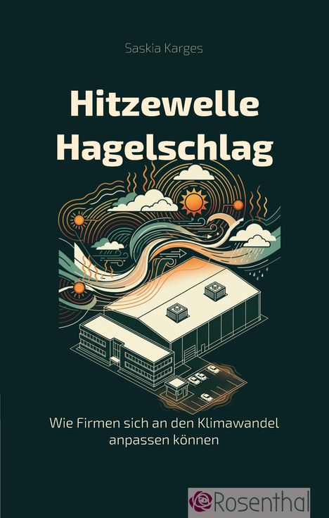 Titel: "Hitzewelle Hagelschlag". Autor: Saskia Karges. Thema: Anpassung Firmen an Klimawandel. Illustration mit Wetterelementen.