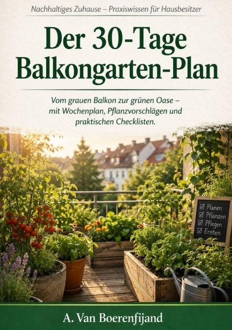 "Der 30-Tage Balkongarten-Plan" - Vom grauen Balkon zur grünen Oase. Bild: Üppig bepflanzter Balkon mit Checkliste.