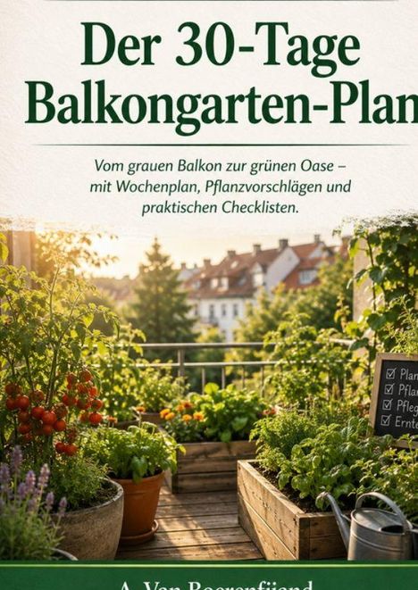 Text: Der 30-Tage Balkongarten-Plan. Vom grauen Balkon zur grünen Oase. 

Beschreibung: Ein üppiger Balkon mit Pflanzen in der Sonne.
