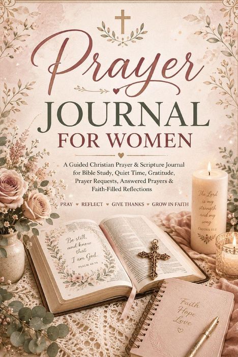 „Prayer Journal for Women“ ist in großer Schrift zu sehen. Neben Blumen, Bibel, Kerze und einem Kreuz gestalten das Bild.