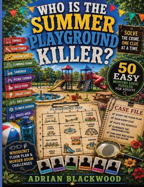 "Who is the Summer Playground Killer?" Anzeige mit buntem Spielplatz im Hintergrund. Logo-ähnliche Gestaltung.