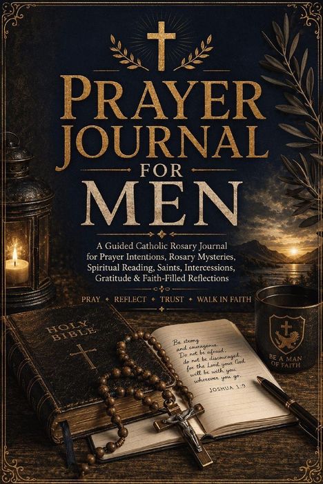 "Prayer Journal for Men" steht groß oben, darunter Beschreibung und Begriffe wie "Pray", "Reflect", "Trust". Links Kerze, rechts Tasse.