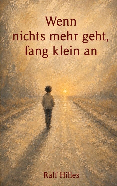 Text: "Wenn nichts mehr geht, fang klein an" - Ralf Hilles.  
Illustration: Ein Kind geht in Richtung Sonnenuntergang.