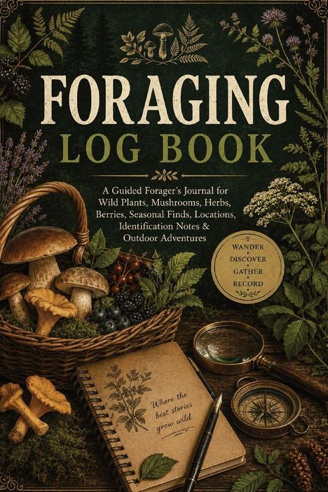 "FORAGING LOG BOOK" mit Pflanzenillustrationen, Korb mit Pilzen, Beeren; Notizbuch, Lupe und Kompass.