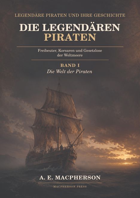 Titel: "Die legendären Piraten". Thema: Piratenwelt. Schiff auf rauer See im Sonnenuntergang. Autor: A. E. Macpherson.