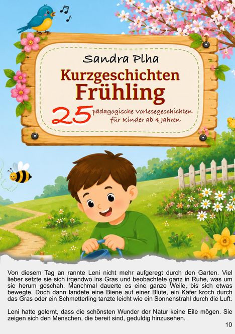 "25 pädagogische Vorlesegeschichten für Kinder ab 4 Jahren." Ein Junge im Garten beobachtet eine Biene.