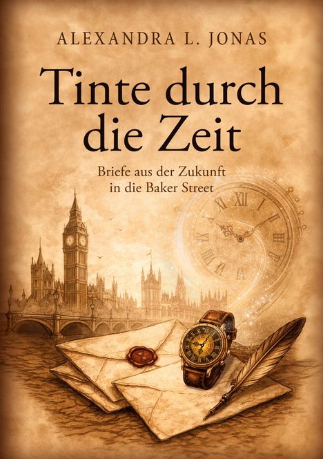 „Tinte durch die Zeit“, „Briefe aus der Zukunft in die Baker Street“. Uhr, Federn, Umschläge, Big Ben im Hintergrund.