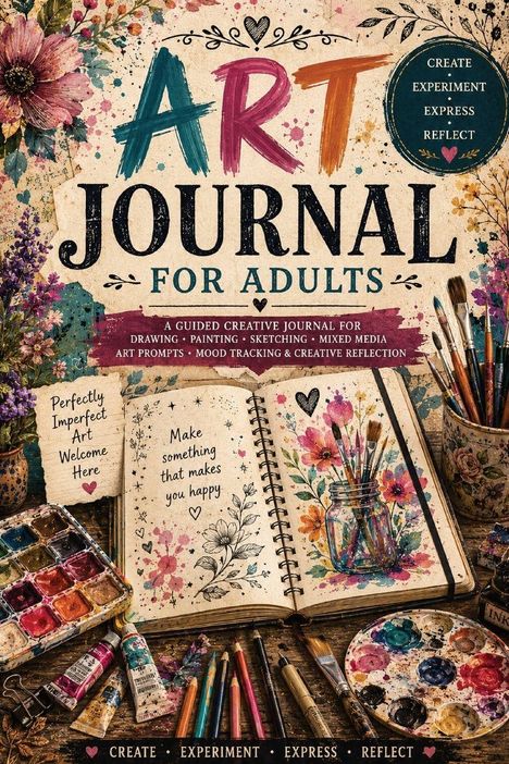 Text: "Art Journal for Adults", "Make something that makes you happy", "Create, Experiment, Express, Reflect". Illustration mit Malutensilien und Blumen.