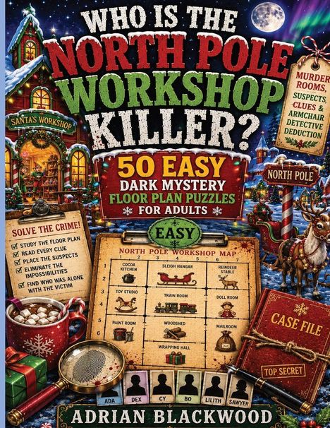 „Who is the North Pole Workshop Killer? 50 easy dark mystery floor plan puzzles for adults.“ Weihnachtliche Detektivszene.