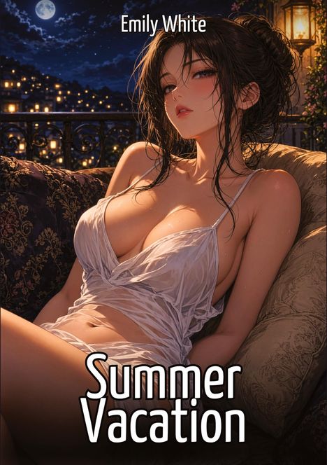Text: "Emily White" und "Summer Vacation". Eine Frau in nassem, weißem Kleid sitzt, Hintergrund ist ein Nachthimmel mit Mond. Illustrativ.
