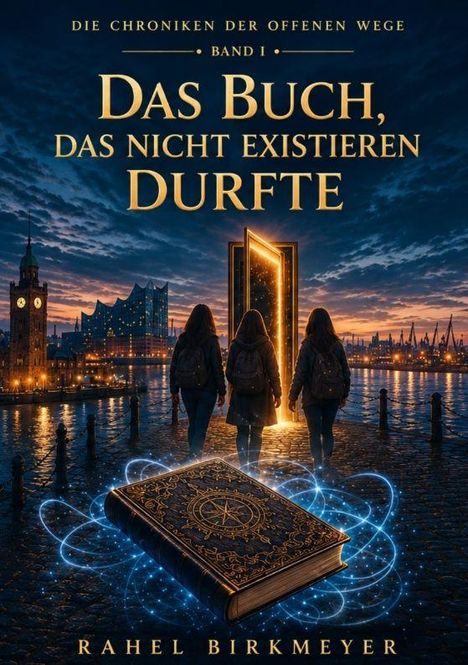 Titel: "Das Buch, das nicht existieren durfte". Drei Personen gehen auf eine leuchtende Tür zu; ein verziertes Buch schwebt.