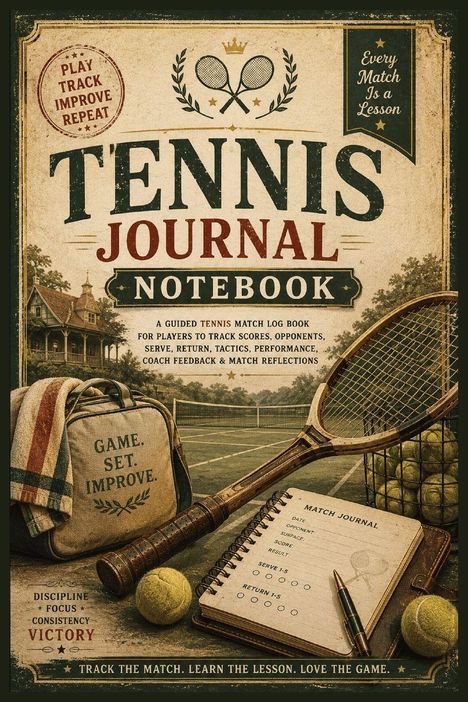 „Tennis Journal Notebook“ – Vintage-Design mit Schläger, Ball, Notizbuch und Tennisplatz im Hintergrund.
