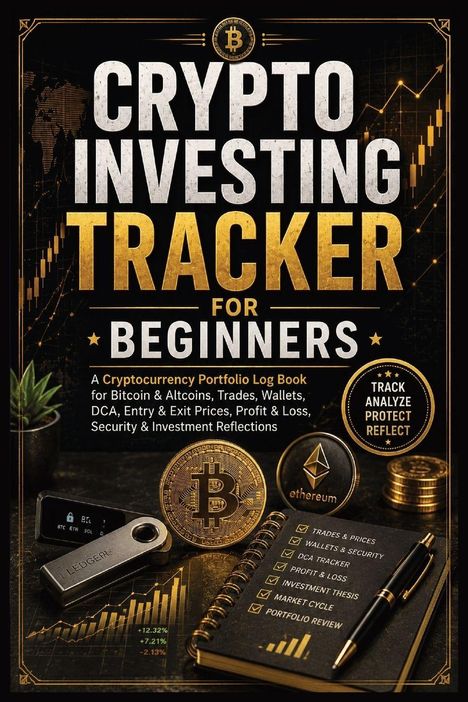 „Crypto Investing Tracker for Beginners“, mit einer Liste von Krypto-Begriffen, einem Bitcoin-Symbol und Notizbuch.