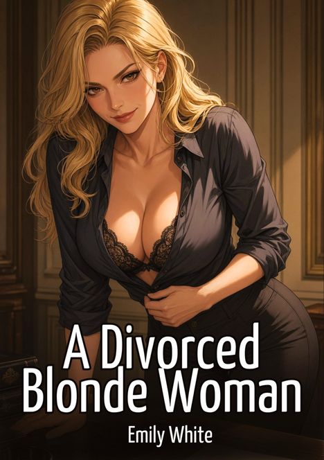 "A Divorced Blonde Woman" und "Emily White" in Großbuchstaben. Illustration einer blonden Frau in schwarzer Bluse.