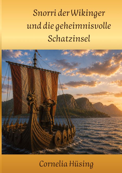 „Snorri der Wikinger und die geheimnisvolle Schatzinsel“, Cornelia Hüsing. Ein Wikingerboot segelt bei Sonnenuntergang.