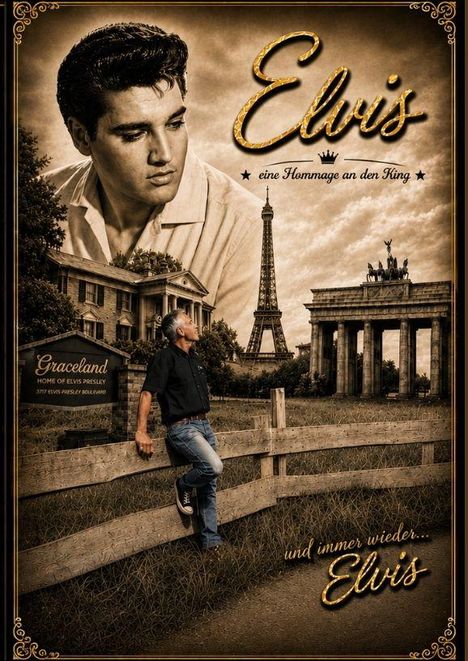 "Elvis, eine Hommage an den King; Graceland Home of Elvis Presley; und immer wieder... Elvis."  
Mann vor ikonischen Bauwerken.