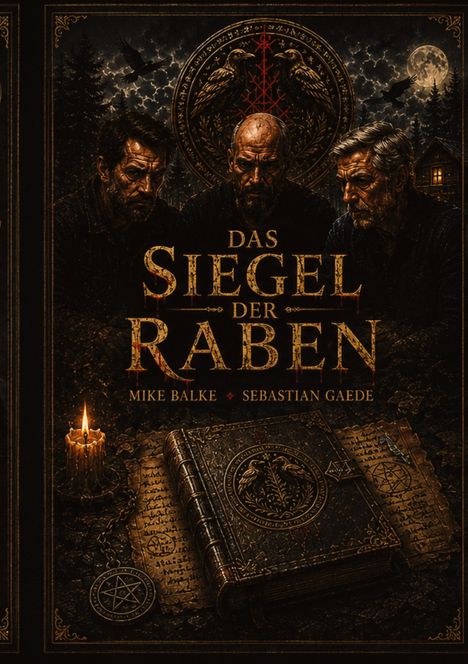 „Das Siegel der Raben“ in großer Schrift, darunter „Mike Balke“ und „Sebastian Gaede“. Drei Männer und mystische Symbole.