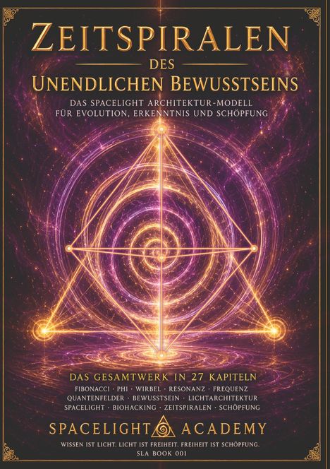 Titel: Zeitspiralen des Unendlichen Bewusstseins. Hintergrund: Spiralförmige, leuchtende Grafiken.