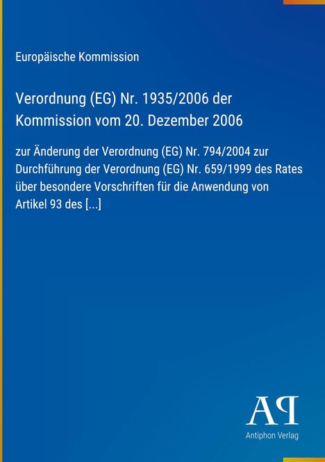 Text: Europäische Kommission, Verordnung (EG) Nr. 1935/2006... Logo: Antiphon Verlag. Blau gestalteter Hintergrund.