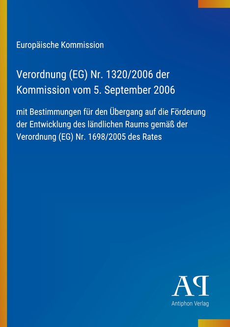 Text zur Verordnung der Europäischen Kommission auf blauem Hintergrund, unten rechts ein weißes Logo des Antiphon Verlags.