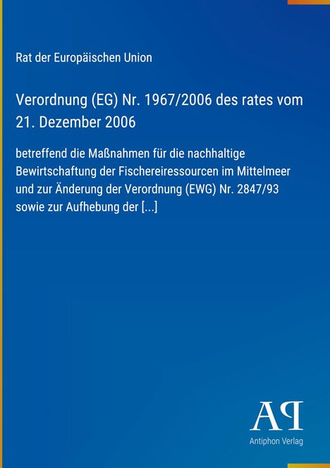Text über EU-Verordnung zu Fischereimaßnahmen, blauer Hintergrund, unten rechts Logo mit „Antiphon Verlag“.