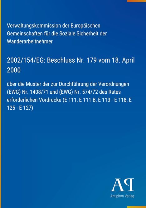 Text: Verwaltungs­kommission für soziale Sicherheit. Beschluss Nr. 179, 18. April 2000. Logo: Antiphon Verlag unten rechts.