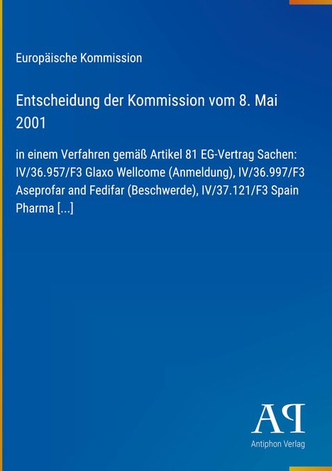 Titel: "Entscheidung der Kommission vom 8. Mai 2001". Blaues Design mit einem Verlagslogo unten rechts.