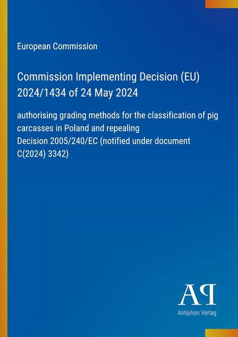 Text über EU-Entscheidung zur Klassifizierung von Schweinekarkassen in Polen, blauer Hintergrund, gelbes Logo.