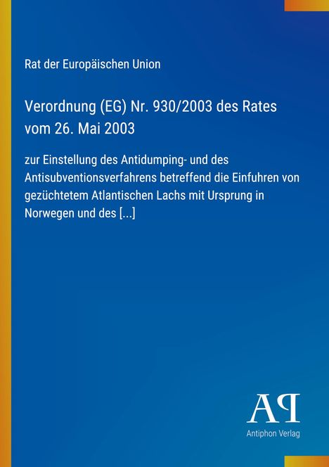 Text: "Verordnung (EG) Nr. 930/2003 des Rates vom 26. Mai 2003", blaues Design, Logo unten rechts.