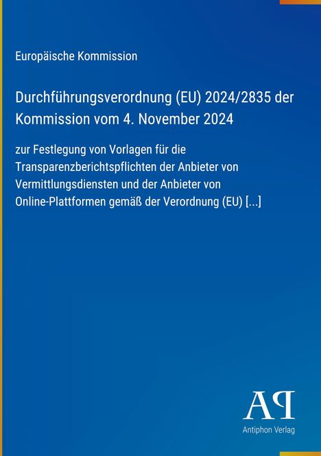 Text über Verordnung der EU-Kommission zu Transparenzpflichten. Blaues Design mit gelbem Rand und Verlag-Logo.