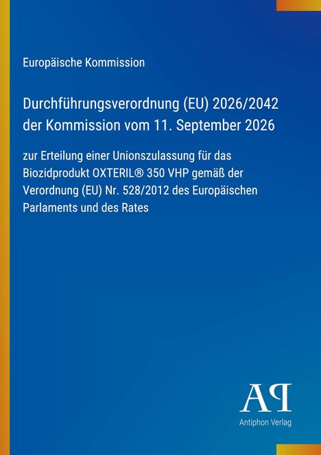 Text über EU-Durchführungsverordnung 2026/2042 zur Biozidprodukt-Zulassung, violetter Hintergrund mit gelbem Rand links.