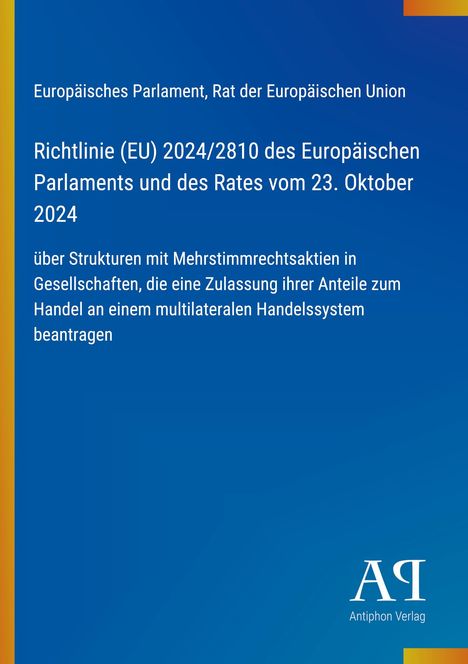 Richtlinie (EU) 2024/2810 über Mehrstimmrechtsaktien. Blaues Design mit gelbem Streifen links und Logo unten rechts.