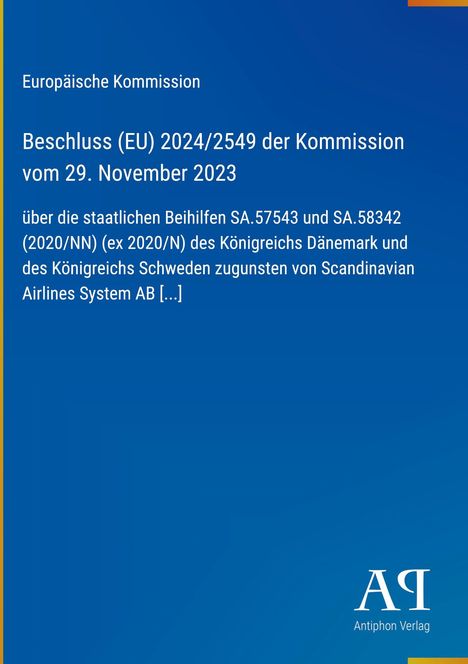 Text über EU-Beschluss zu Dänemarks und Schwedens Beihilfen für Scandinavian Airlines. Dunkelblauer Hintergrund.
