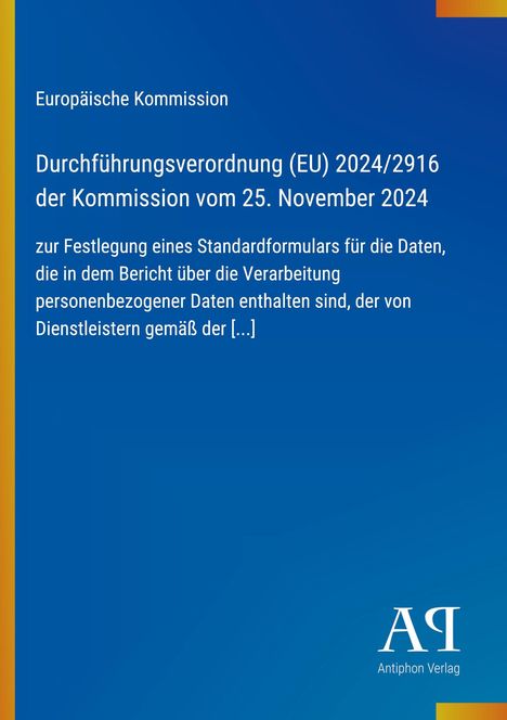 Text zur Durchführungsverordnung der EU 2024/2916, Veröffentlichung am 25. November 2024. Blau mit gelbem Rand und Logo.