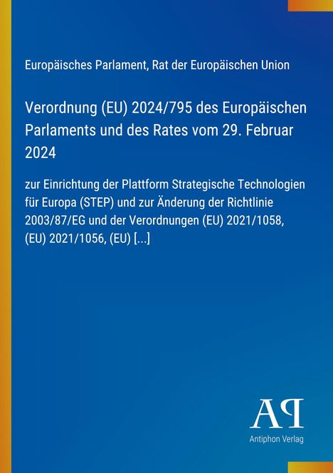 Text über EU-Verordnung zur STEP-Plattform, gelbes Band links, unten Logo "Antiphon Verlag" auf blauem Hintergrund.