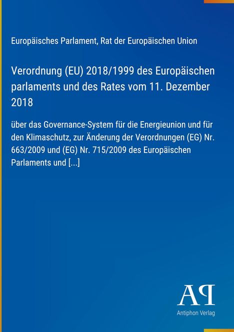 Verordnung (EU) 2018/1999 über das Governance-System für die Energieunion. Blaues Design mit einem Logo.