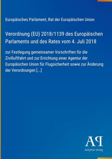 Titel: Verordnung (EU) 2018/1139. Hintergrund in Blau, unteres Label: Antiphon Verlag.