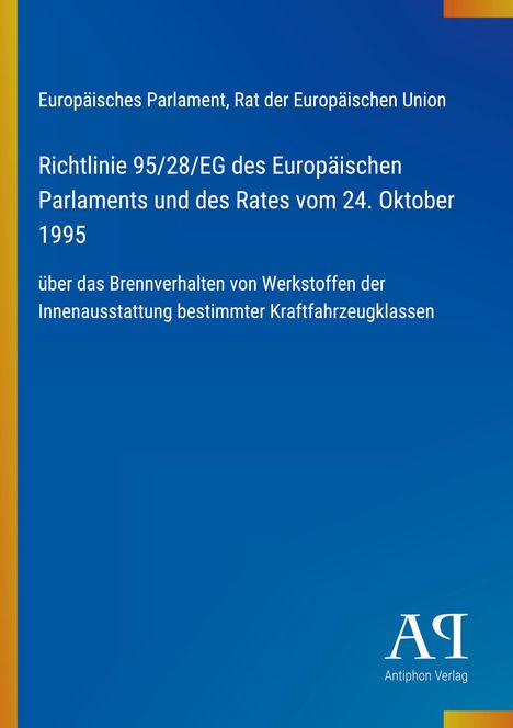 Cover mit blauem Hintergrund, gelbem Streifen links, Text zur EU-Richtlinie über Brennverhalten von Werkstoffen. Unten Logo.