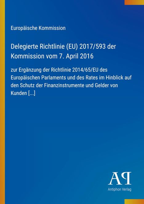 Text der EU-Richtlinie in Weiß auf blauem Hintergrund. Links gelbes Band, rechts unten "Antiphon Verlag" Logo.