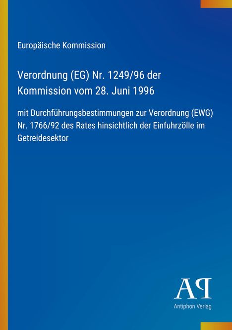Text zur Verordnung der Europäischen Kommission auf blauem Hintergrund. Links gelber Streifen. Rechtes Logo: "ΑΡ Antiphon Verlag".