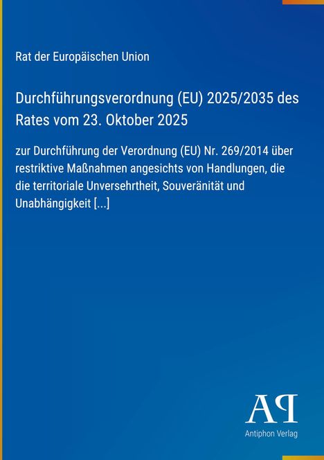 Titel: Durchführungsverordnung (EU) 2025/2035. Herausgeber: Antiphon Verlag. Hintergrund blau.