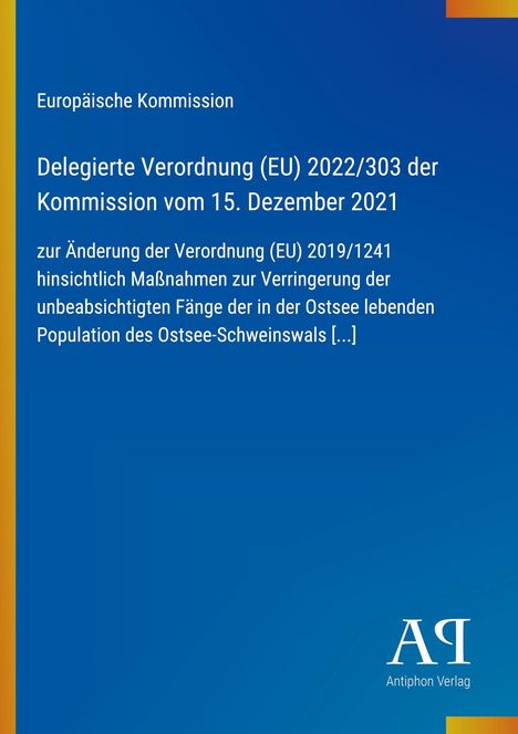 Blauer Hintergrund mit EU-Text zur Verordnung über Ostsee-Schweinswale. Links gelber Streifen, unten rechts Verlag-Logo.