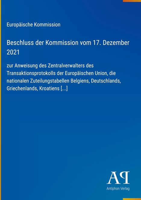 "Beschluss der Kommission vom 17. Dezember 2021" in weißem Text auf blauem Hintergrund, darunter Verlagsname, schlichtes Design.